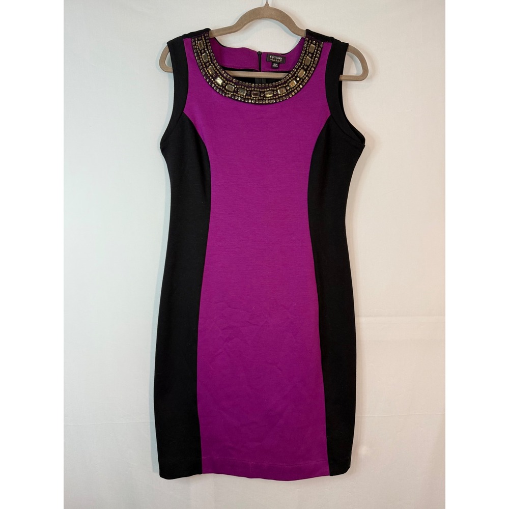 Nicole by Nicole Miller Sheath Dress Womens Medium Purple Black Embellished Neck